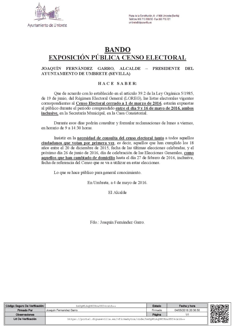 Bando exposición pública censo electoral- ELECCIONES 2016