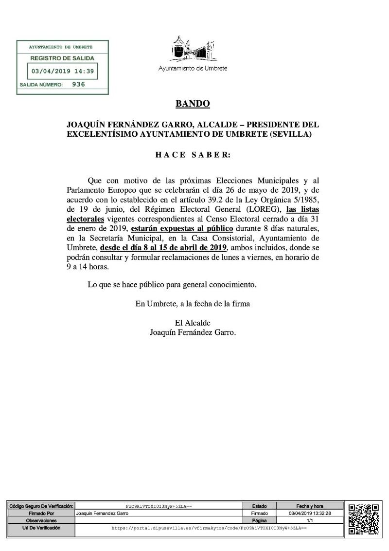 BANDO EXPOSICIÓN CENSO ELECCIONES MUNICIPALES Y EUROPEAS