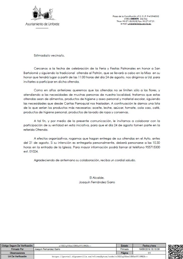 Carta petición ofrenda 2019
