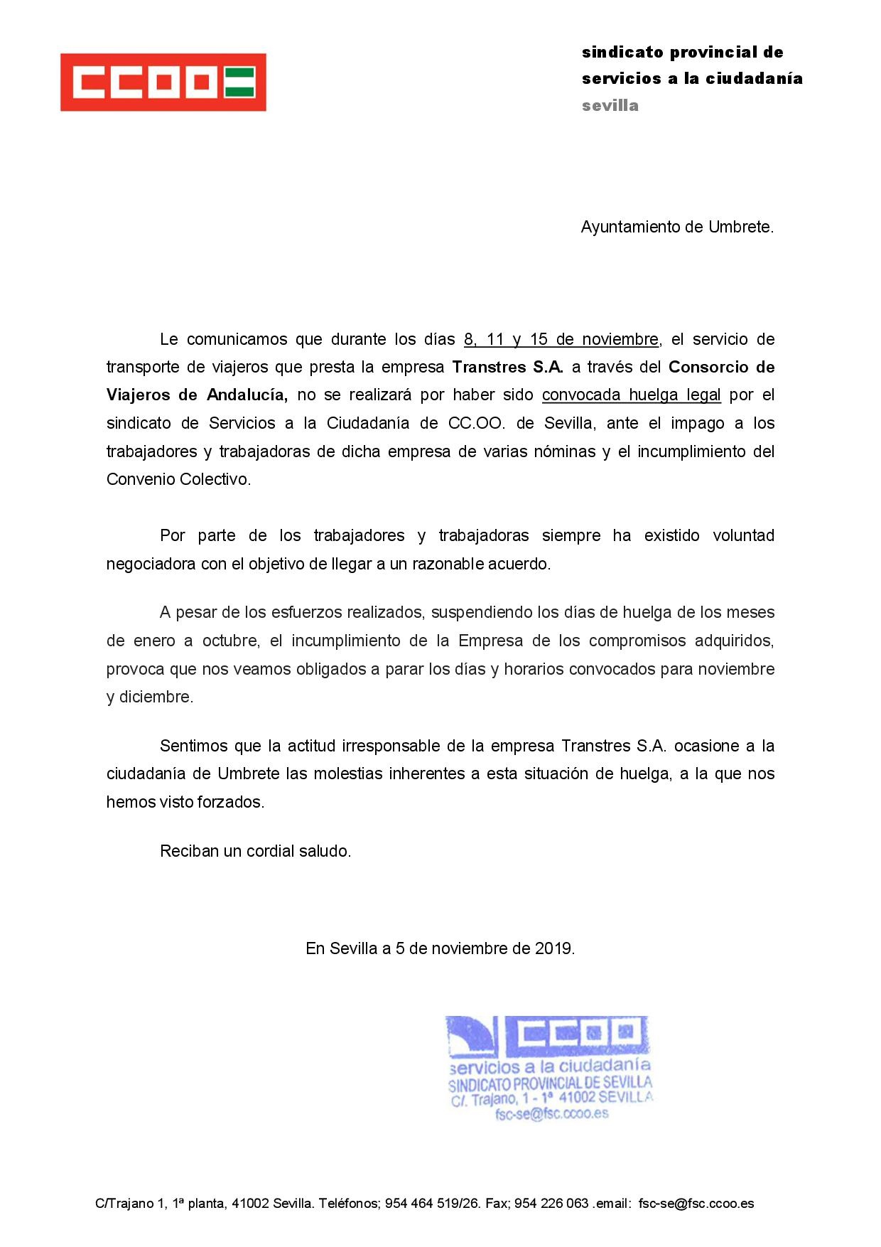 Comunicado huelga transtres Umbrete