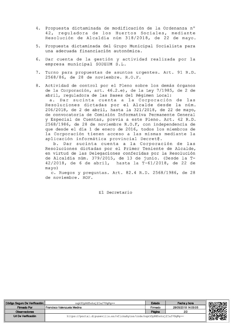 Convocatoria Pleno mayo 2018-2