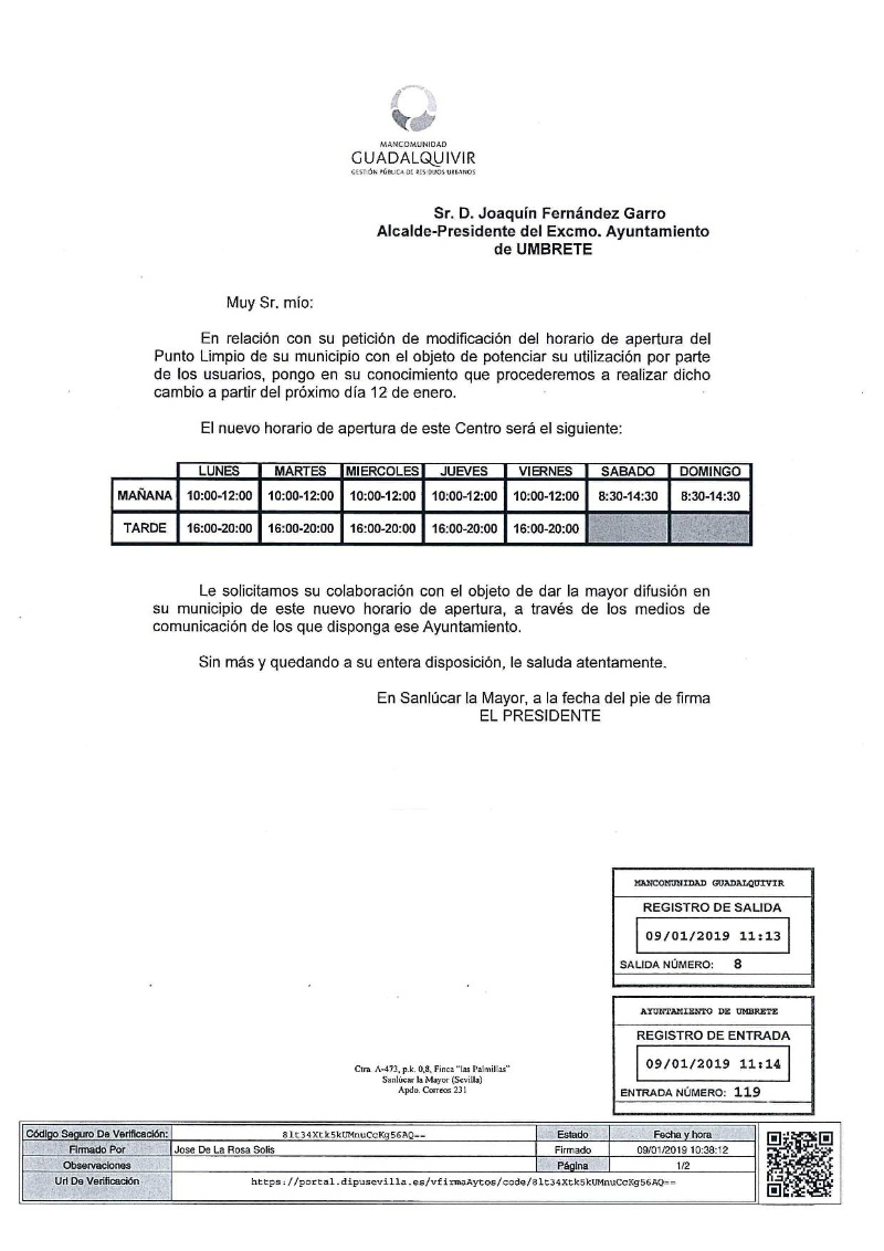 HORARIO PUNTO LIMPIO ENERO 2019