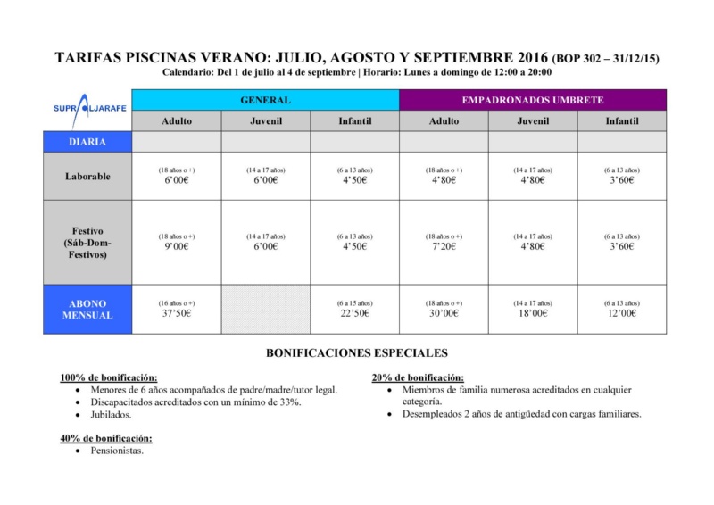 precios piscina julio agosto 2016